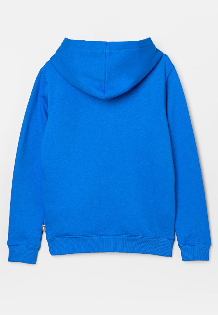 Felpa con cappuccio blu realizzata in materiale morbido. Presenta un cappuccio con coulisse e polsini e orlo a coste. Texture liscia senza motivi visibili.