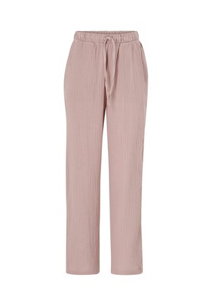 Lichtroze, gestructureerde, elastische broek met een trekkoord in de taille. Recht pasvorm ontwerp met een ontspannen fit en geen zichtbare hardware.