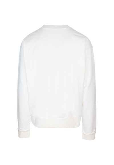 Sweat-shirt blanc, en coton, col rond, manches longues, poignets et ourlet côtelés, coupe décontractée, texture lisse, sans motifs ni accents visibles.