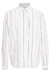 Witte blouse met lange mouwen met meerkleurige verticale strepen in roze, paars, oranje en groen; heeft een button-down kraag en knopen aan de voorkant.