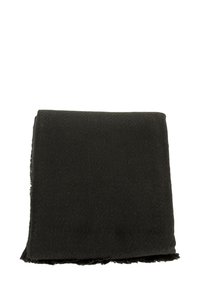 Sciarpa nera intrecciata con un motivo testurizzato, con bordi frangiati. Il materiale sembra morbido e resistente, adatto per sovrapposizioni calde.