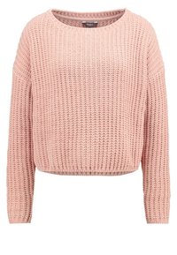 Helles rosa gestricktes Sweatshirt mit Rundhalsausschnitt, langen Ärmeln und einem leicht verkürzten Schnitt. Verfügt über ein strukturiertes, geripptes Muster.