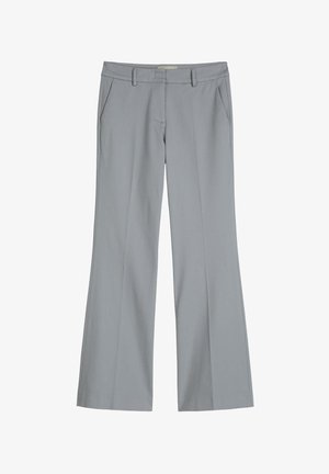 Hellgraue, maßgeschneiderte Hosen mit Gürtelschlaufen, Vordertaschen und geradem Bein, flach auf weißem Hintergrund liegend.
