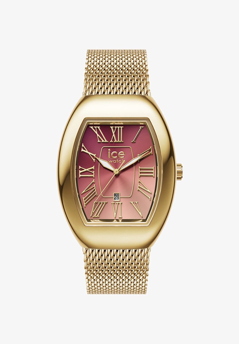 Reloj con correa de malla metálica dorada, caja rectangular redondeada, esfera en degradado rosa, números romanos y función de visualización de fecha.