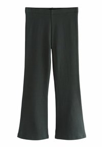Czarne rozszerzane spodnie wykonane z miękkiego, elastycznego materiału o gładkiej powierzchni. Posiadają szeroki pas i czysty, prosty design.