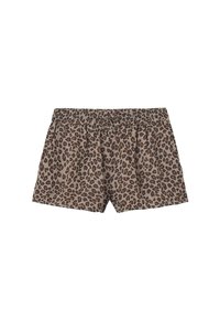 Pantalones cortos marrón claro con un estampado de leopardo, con una cinturilla elástica y un corte holgado. Hechos de una tela suave con una textura lisa.