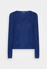 Niebieski sweter z dekoltem w serek, wykonany z miękkiej, teksturowanej przędzy. Długie rękawy, skrócona długość, o luźnym kroju. Metka głosi "SOAKED."