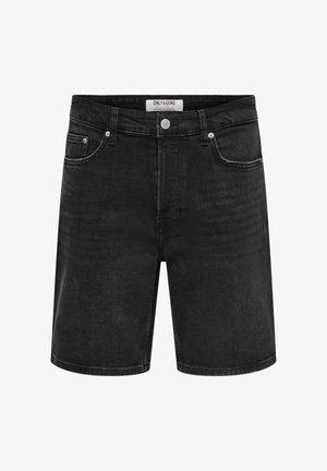 Pantaloni scurți negri din denim cu nasture și fermoar frontal, găici pentru curea, două buzunare frontale și o etichetă vizibilă în interiorul taliei.