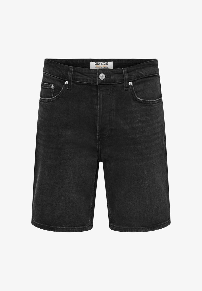 Shorts en denim noir avec bouton et fermeture éclair à l'avant, passants pour ceinture, deux poches avant et une étiquette visible à l'intérieur de la ceinture.