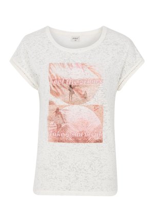 T-shirt bianco a maniche corte con un motivo testurizzato. Presenta due stampe grafiche rosa con il testo: "Senti il ritmo" e "Fai una pausa al sole."