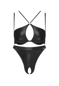 Czarny zestaw bikini z błyszczącą teksturą. Górna część ma trójkątny kształt z wycięciami, natomiast dolna część jest wysoka w talii i ma unikalne rozcięcie.