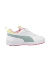 Sneaker blanc avec des accents vert clair, rose et jaune. Doté d'un col rembourré, d'une sangle Velcro et d'une semelle en caoutchouc texturée.