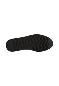 Suela de zapato de goma negra con un patrón de banda de rodadura ondulado. Presenta un sello de logo y bordes curvados para un diseño aerodinámico.