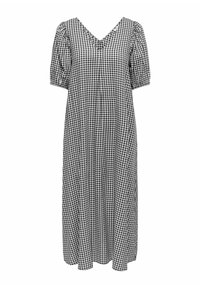 Melnā un baltā gingham midi kleita ar V veida kakla izgriezumu, pūkainām piedurknēm un brīvu piegriezumu. Iezīmēta ar sakoptu tekstūru un plūstošu audumu.