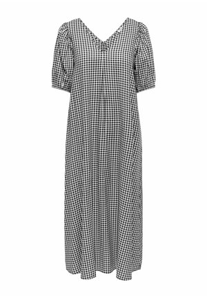 Robe midi en gingham noir et blanc avec un décolleté en V, des manches bouffantes et une coupe décontractée. Présente une texture froncée et un tissu fluide.