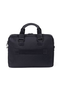 Borsa per laptop nera con texture, dotata di due manici e chiusura con zip. Presenta due cinghie di fissaggio e un accento in pelle liscia sul retro.
