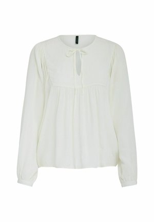 Blouse blanche à manches longues en tissu léger, avec un col rond, une ouverture en forme de clé et un accent à nouer. Fini doux et texturé.