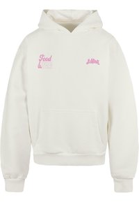 Kremfarget hettegenser laget av myk stoff med en frontlomme, snor i hetten og rosa brodert tekst: "Mat & venner" og kvartlogo.