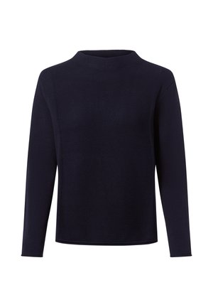 Marineblauer Pullover mit langen Ärmeln und hohem Kragen, strukturiertem Strickmuster und lockerer Passform. Verfügt über ein einfaches und minimalistisches Design.