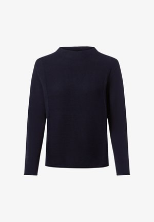 Marineblauer Pullover mit langen Ärmeln und hohem Kragen, strukturiertem Strickmuster und lockerer Passform. Verfügt über ein einfaches und minimalistisches Design.