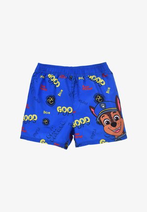 Niebieskie szorty kąpielowe z motywem Paw Patrol, z żółtym i czerwonym tekstem. Elastyczny pas z gładką fakturą i zabawnymi grafikami z kreskówek.