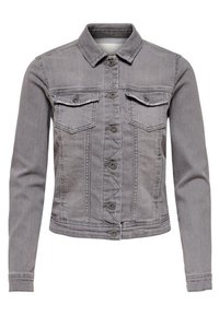 Chaqueta de mezclilla gris con cuello, cierre de botones en la parte frontal, dos bolsillos en el pecho y mangas largas. Presenta un diseño clásico y una textura ligeramente desgastada.