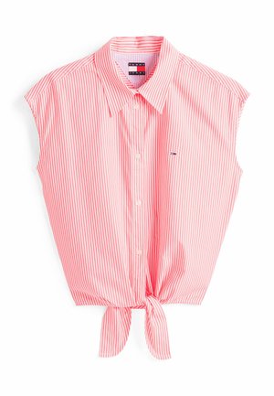 Kurzärmliges, kragenloses Hemd mit pink-weißen Streifen, das ein vorn geknotetes Detail und ein kleines Logo auf der linken Brust aufweist. Aus Baumwollmaterial.