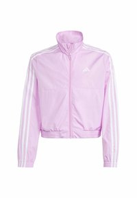 Růžová zkrácená bunda vyrobená z lehkého materiálu. Obsahuje zipové zapínání, vysoký límec a bílé tři pruhy na rukávech.