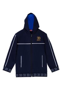 Felpa con zip color navy, interno blu, strisce bianche sulle maniche, logo Bugatti in oro e polsini decorati con dettagli del logo.