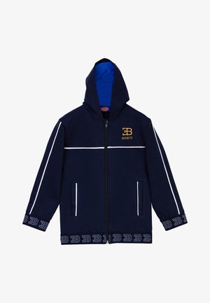 Marinefarbener Zip-Hoodie mit blauer Innenseite, weißen Streifen an den Ärmeln, goldfarbenem Bugatti-Logo und gemusterten Bündchen mit Logodetails.