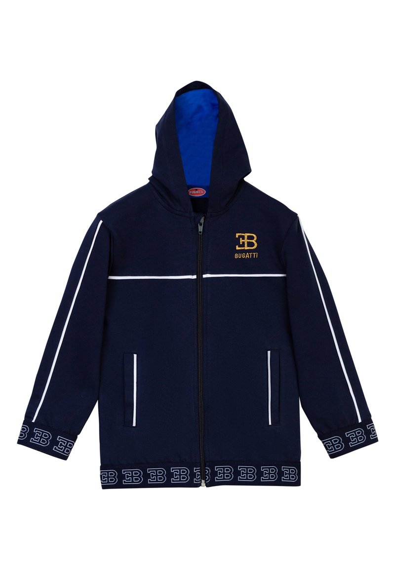 Felpa con zip color navy, interno blu, strisce bianche sulle maniche, logo Bugatti in oro e polsini decorati con dettagli del logo.