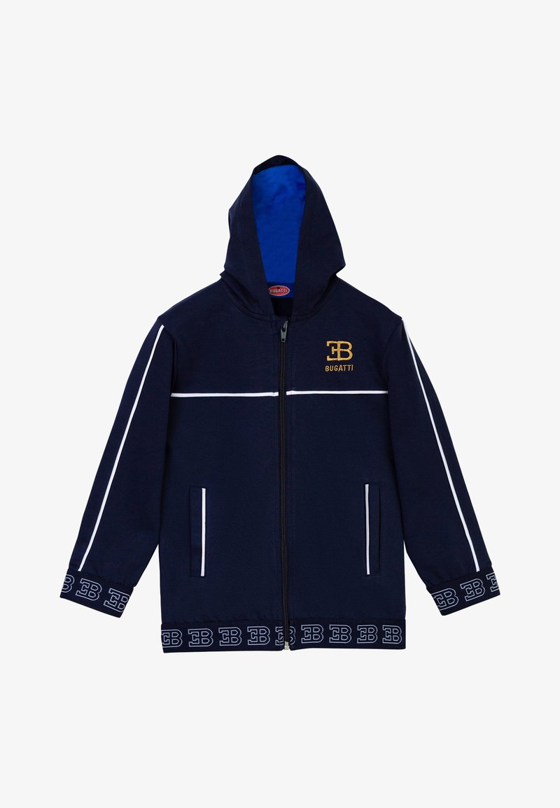 Navy zip-up hoodie with a blue interior, white stripes on sleeves, Bugatti logo in gold, and patterned cuffs with logo detailing.
