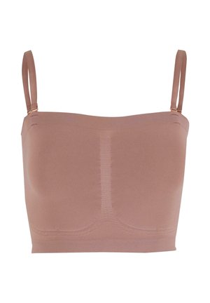 Bralette cami rose clair avec bretelles réglables, fabriqué en tissu extensible doux. Présente une construction sans couture et une texture légèrement côtelée.