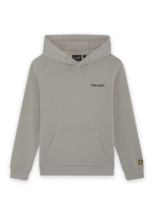 Sweat à capuche gris avec poche avant, texte "LYLE & SCOTT" sur la poitrine et petit logo jaune et noir sur le poignet de la manche gauche.