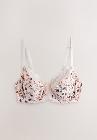 Lillemustriga rinnahoidja pehme roosa kangaga, pitsiäärega, reguleeritavate satiinist rihmade ja raamnõelaga toestusega. Omab kreemikaid ja oranže lilli.