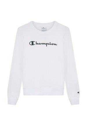 Witte sweatshirt met lange mouwen, geribbelde manchetten en zoom. Voorzien van een zwart "Champion"-logo in het midden en een logopatch op de mouw.