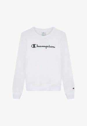 Witte sweatshirt met lange mouwen, geribbelde manchetten en zoom. Voorzien van een zwart "Champion"-logo in het midden en een logopatch op de mouw.