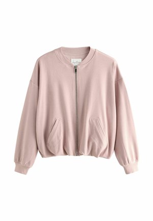 Cazadora bomber rosa claro con cremallera, cuello, puños y bajo acanalados, y dos bolsillos frontales inclinados, mostrada sobre fondo blanco.