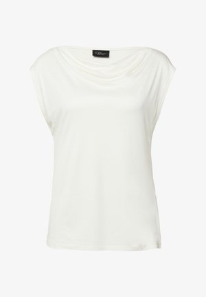 Weißes ärmelloses Damenoberteil mit drapiertem Ausschnitt und weichem Stoff, mit einem schwarzen Etikett im inneren Kragen.