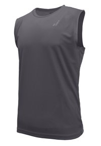 Sleeveless athletic shirt made of gray textured fabric with a round neck and subtle logo on the front, suitable for active wear.