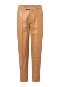 Brown leather pants with a smooth texture, featuring a relaxed fit, elastic waistband, and vertical seam detailing.