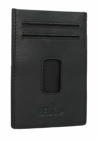 Portafoglio in pelle nera con quattro slot, una finestra centrale per l'ID, texture liscia e logo RFID impresso nella parte inferiore.