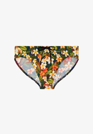 Herresvømmebriefs med tropisk blomsterprint i grøn, orange, gul og hvid, med en sort justerbar snor i taljen.