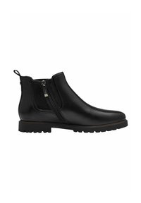 Black leather ankle boots with a side zipper, rounded toe, textured sole, and a pull tab on the heel. Sleek, smooth surface finish.