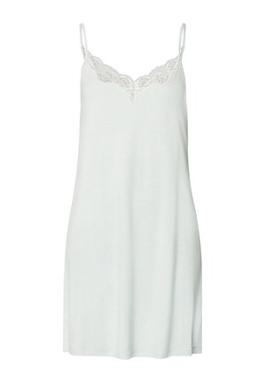 Sukienka nocna bez rękawów w jasnym miętowym kolorze, z delikatną białą koronką wzdłuż dekoltu oraz luźnym, swobodnym krojem.