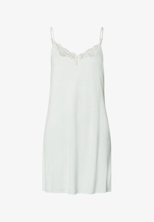 Sukienka nocna bez rękawów w jasnym miętowym kolorze, z delikatną białą koronką wzdłuż dekoltu oraz luźnym, swobodnym krojem.