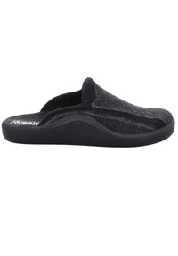 Zwarte vilten slof met een zachte bovenkant, een gestructureerde synthetische zool en contrasterende stiksels. Ontwerp met open achterkant voor gemakkelijk aan- en uittrekken.