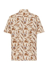 Camicia a maniche corte con sfondo beige chiaro, caratterizzata da un motivo di foglie marroni e blu. Design con colletto e vestibilità rilassata.