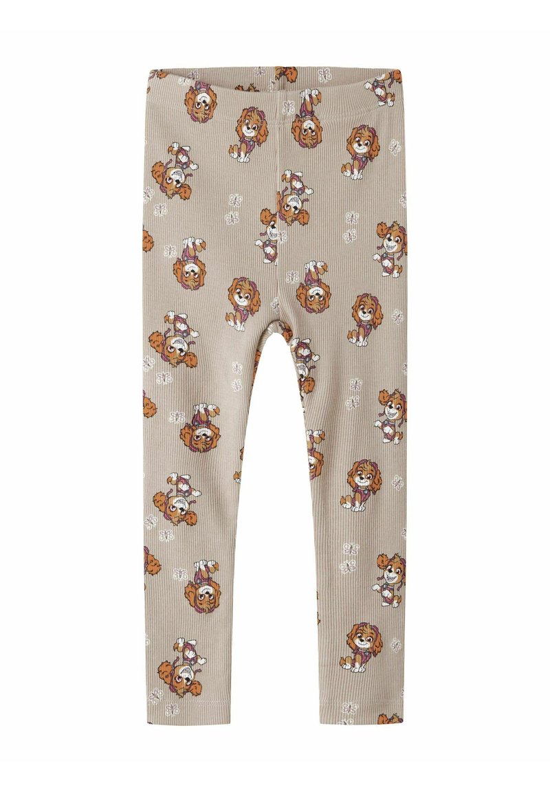 Beżowe prążkowane legginsy z powtarzającym się wzorem zabawnych psów i kwiatowych akcentów. Komfortowy materiał z elastycznym pasem.