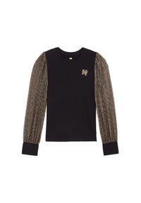 Top negro de manga larga con mangas abullonadas texturizadas de tono dorado brillante. Presenta un escote redondeado y un pequeño diseño bordado en el pecho.